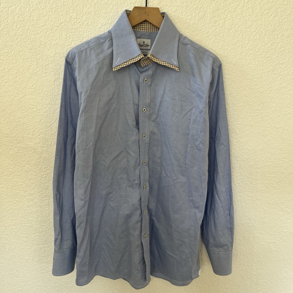 Emanuel Berg Mens Luxury Slim Fit Dress Shirt 17" 43" Blue Made In Italy